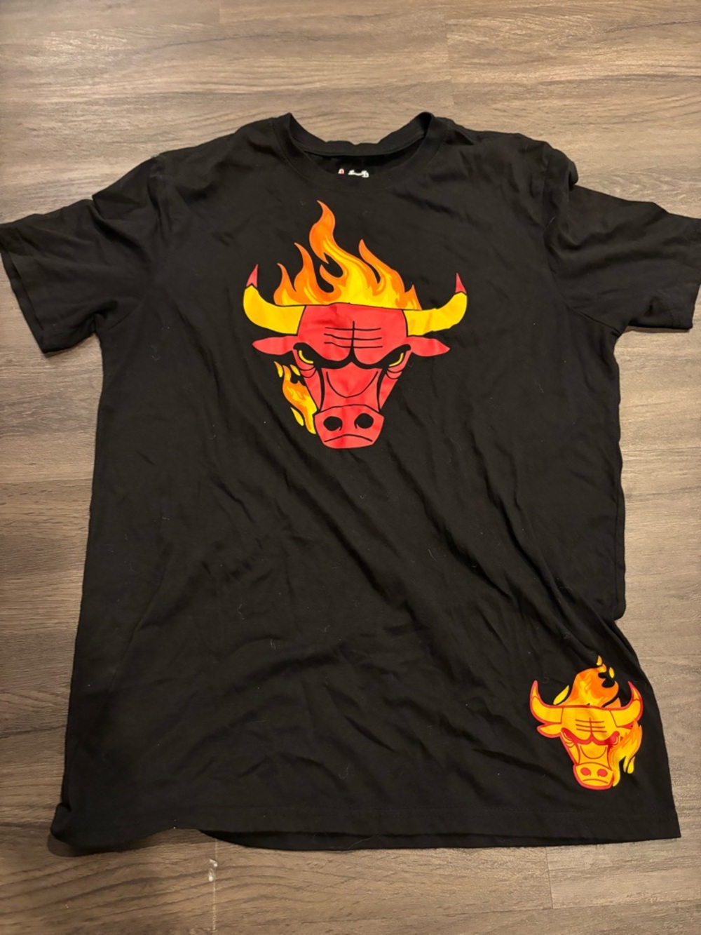 NBA Chicago Bulls Black Tee with Red and Yellow Flaming Bull Logos